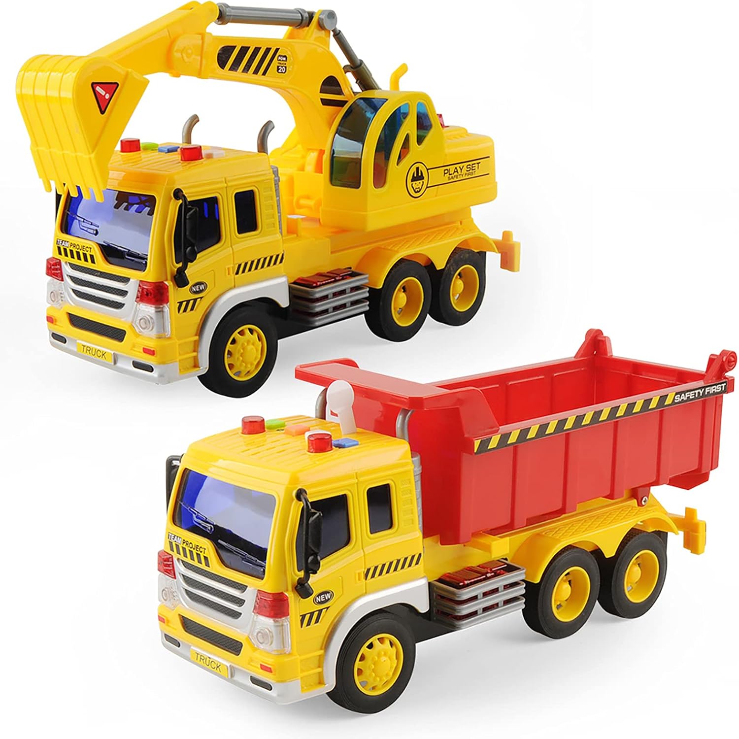 Excavator Dump Truck Toy for Kids (Set of 2), TOYABI Garbage Truck & Bulldozer Digger Moveable Claw Lifting Back with Lights and Sounds Construction Vehicle for Kids Boys Girls