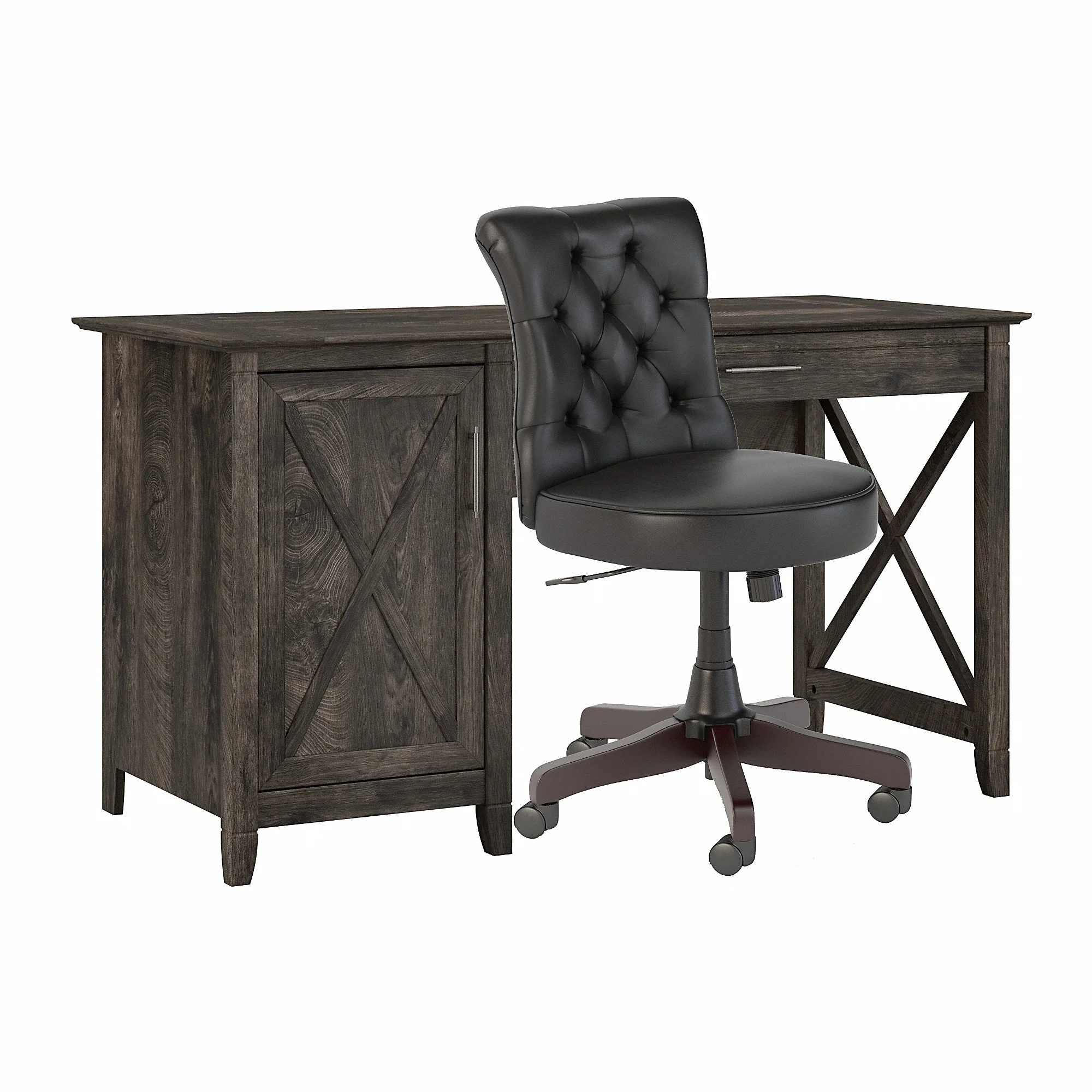 Bush Furniture Key West 54W Computer Desk with Storage and Mid Back Tufted Office Chair in Dark Gray Hickory