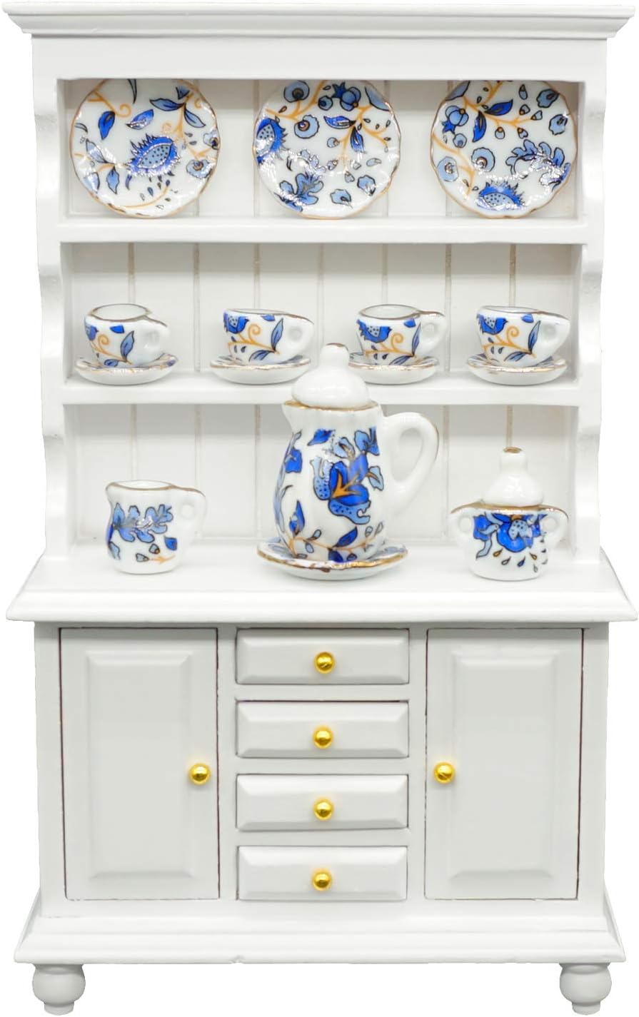 SAMCAMI Miniature Dollhouse Furniture Kitchen Set - Kitchen Cabinet Cupboards and Tea Set – 1 12 Scale Dollhouse Accessories