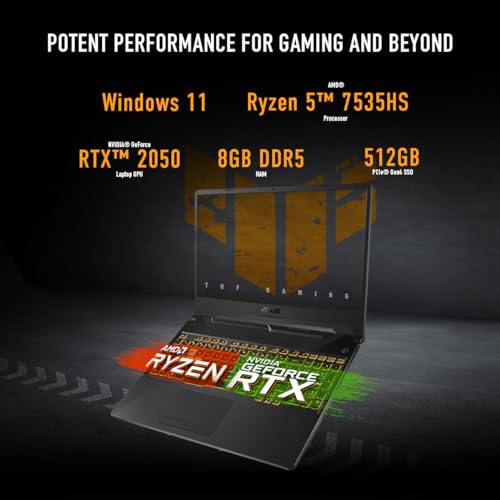 ASUS TUF Gaming A15 Gaming Laptop, 15.6” FHD 144Hz Display, NVIDIA® GeForce RTX™ 3050, AMD Ryzen™ 5 7535HS, 8GB DDR5, 512GB PCIe® Gen4 NVMe™ SSD, Wi-Fi 6, Windows 11, FA506NC-ES51