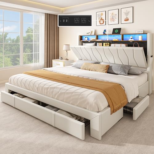 YITAHOME Queen Size Bed Frame, Storage Bed Frame with 4 Drawers & LED Light, Platform Bed with Storage Upholstered Headboard and Charging Station, No Box Spring Needed, Easy Assembly, Beige
