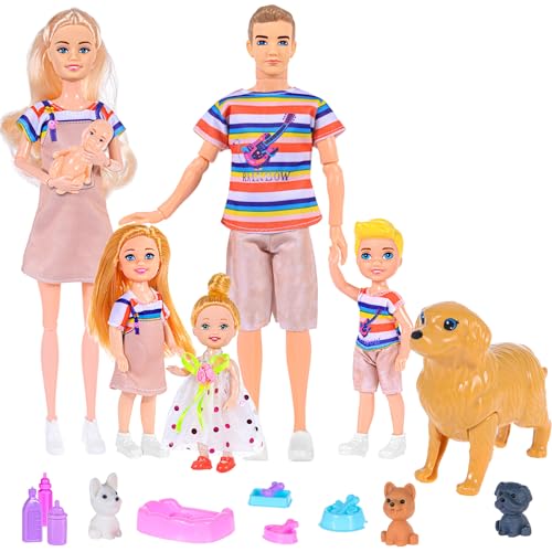 iBayda Family Dollhouse Dolls Playset - 6 People with Dollhouse Pets Included Pregnant Mom Dad 3 Kids and Accessories for 3-12 Years Old Toddlers Gift