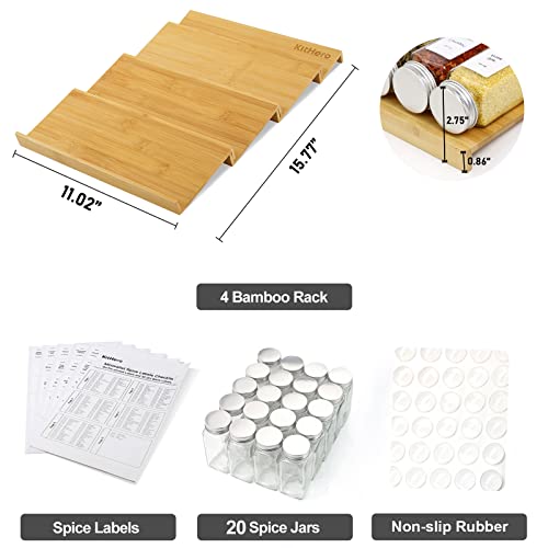 Spice Drawer Organizer with 28 Spice Jars,216 Labels,25 Non-slip Rubber, Bamboo 4 Tier Seasoning Rack Tray Insert for Kitchen Drawers,Cabinets,Countertop,14.6