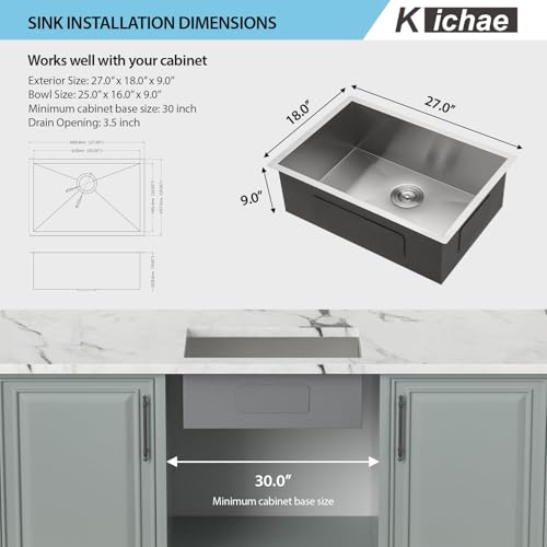Kichae 12“ Deep Laundry Sink Undermount - 24 Inch Black Undermount Utility Sink Stainless Steel Single Bowl Under Counter Handmade Laundry Utility Room Basin