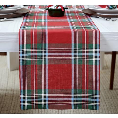 Solino Home Christmas Table Runner 72 Inches Long - 100% Pure Linen Green Tartan Plaid Table Runner 14 x 72 Inch for Dining, Xmas, New Year