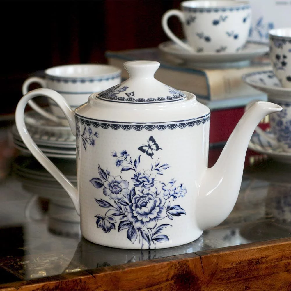 STP Porcelain J-217506 Teapot, Vintage Indigo, Bone China Porcelain, Floral Design, Kettle, Kitchen Tea Pot, 1.15-qt. (1.1 L)