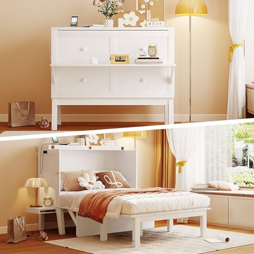 Full Size Murphy Bed with Desk,USB Port,and removable Shelves on Each Side, Full Platform Bed Wood Frame, for Guest Room Home Office (White)