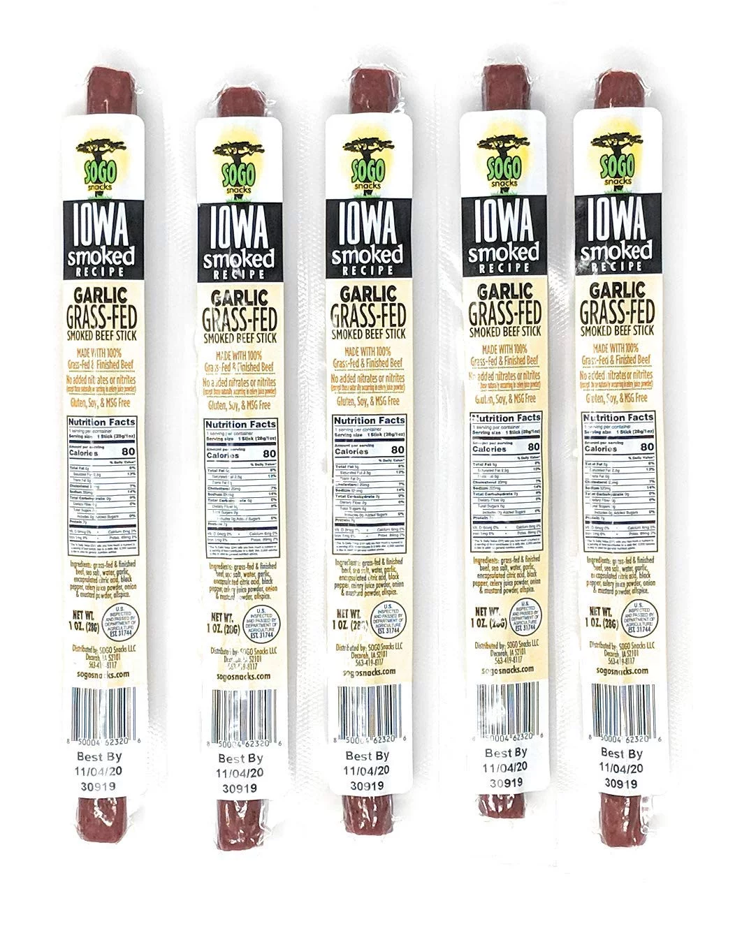 Garlic, Sogo Snacks Iowa Smoked, No Sugar, 100% Grass-fed/finished, Non-GMO Beef Sticks. No Added Nitrates, Gluten, Soy, MSG, Dairy, or Nuts. Keto, Paleo Friendly (Garlic-ISR, 1-oz, 48 Cnt)