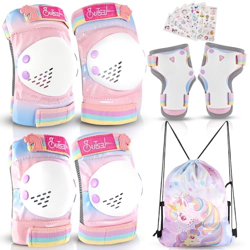 Girls Knee Pads and Elbow Pads Set Kids Unicorn Protective Gear for Roller Skates Cycling BMX Bike Skateboard Inline Rollerblading, Skating Skatings Scooter Riding Sport (Pink-A)