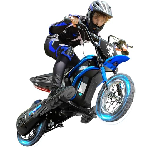 ELEMARA Electric Dirt Bike, 24V Ride on Toys for Big Kids, 350W Kids Motorcycle with Music & Bluetooth, 15.5 mph & 150lb Max, Twist-Grip Throttle & Hand-Operated Rear Brake, 12