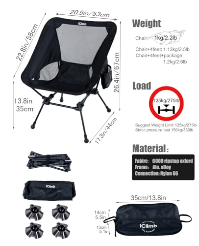 iClimb Ultralight Compact Camping Folding Beach Chair with Anti-Sinking Large Feet