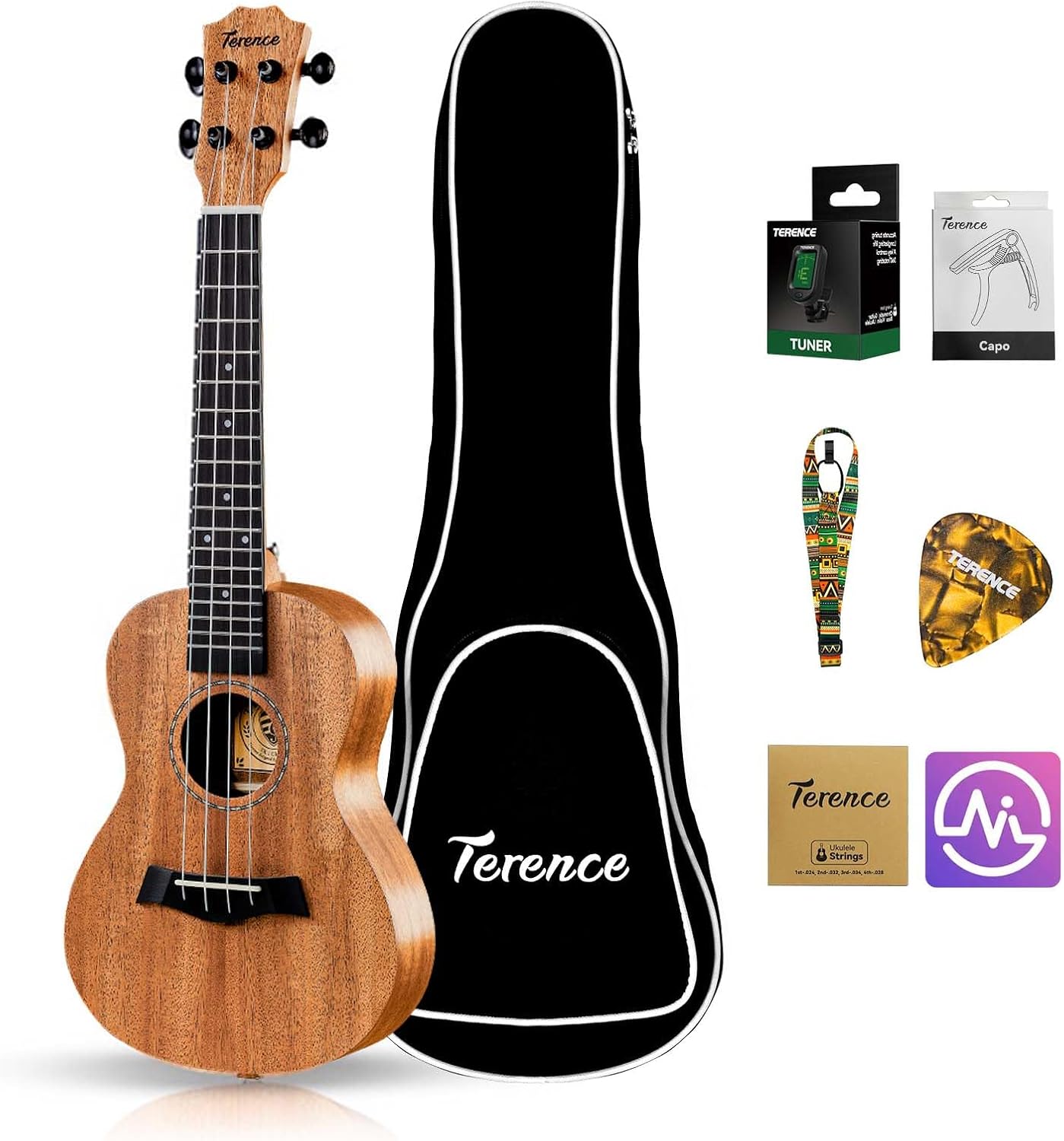 TERENCE Soprano Ukulele 23 Inch Mahogany Ukelele for Professional Beginner Adult Ukulele Kit with Tuner, Capo, Gig Bag, Strap, Picks, Nylon String & Cloth Portable Ukulele Gift Teaching for Beginners