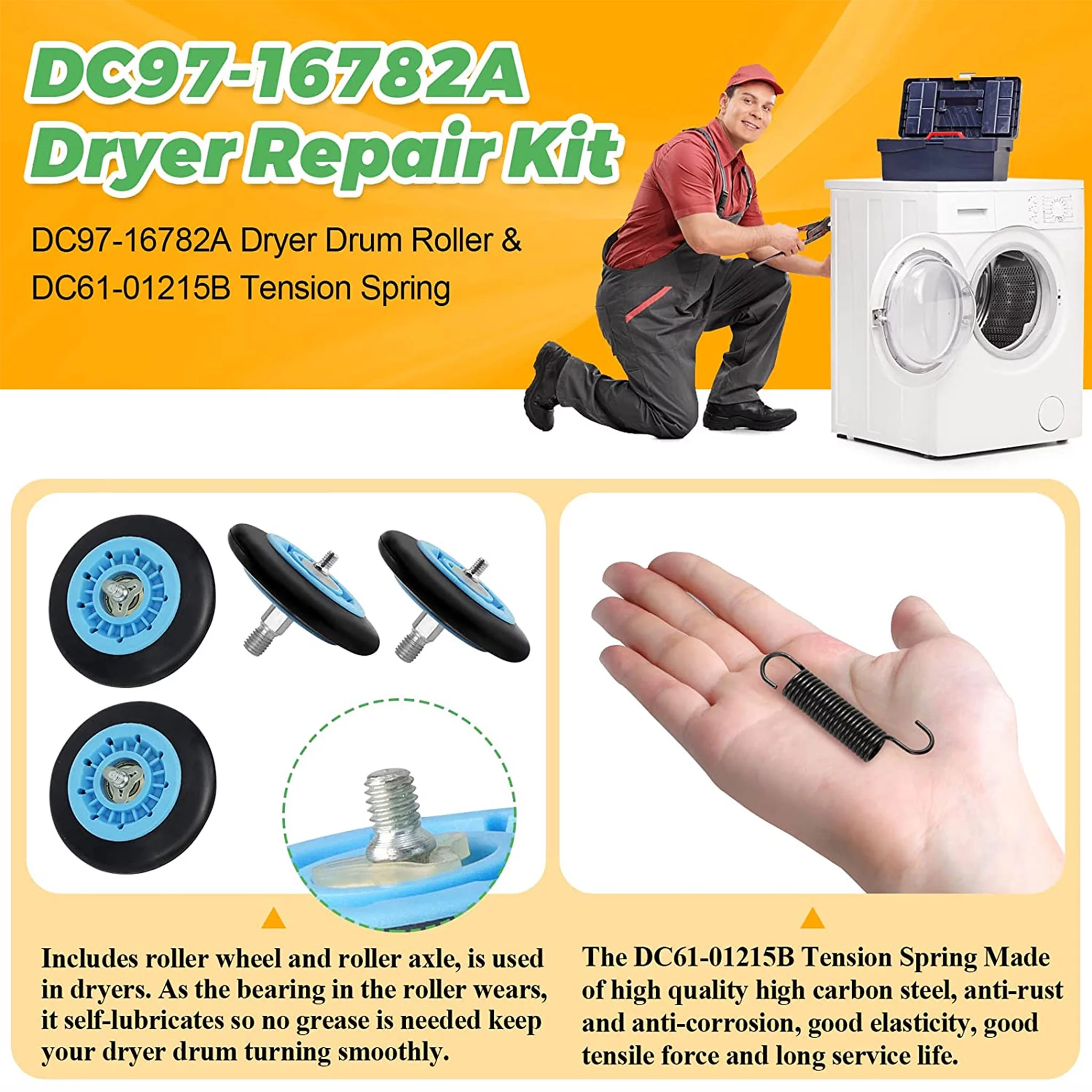 Beaquicy DC97-16782A Dryer Repair Kit Drum Roller Belt 6602-00165 DC93-00634A Idler Pulley