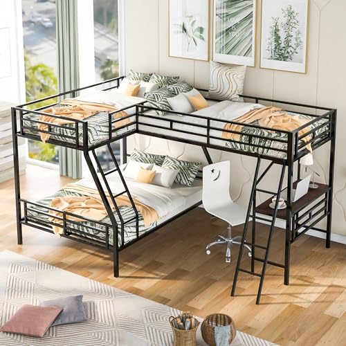 SOFTSEA Heavy Duty Metal Triple Bunk Bed, L Shaped Triple Bunk Bed with Desk, Bunk Beds Twin Over Full Size, Bunk Bed Frame with Guardrails and Ladder, No Box Spring Needed, Noise-Free, Black