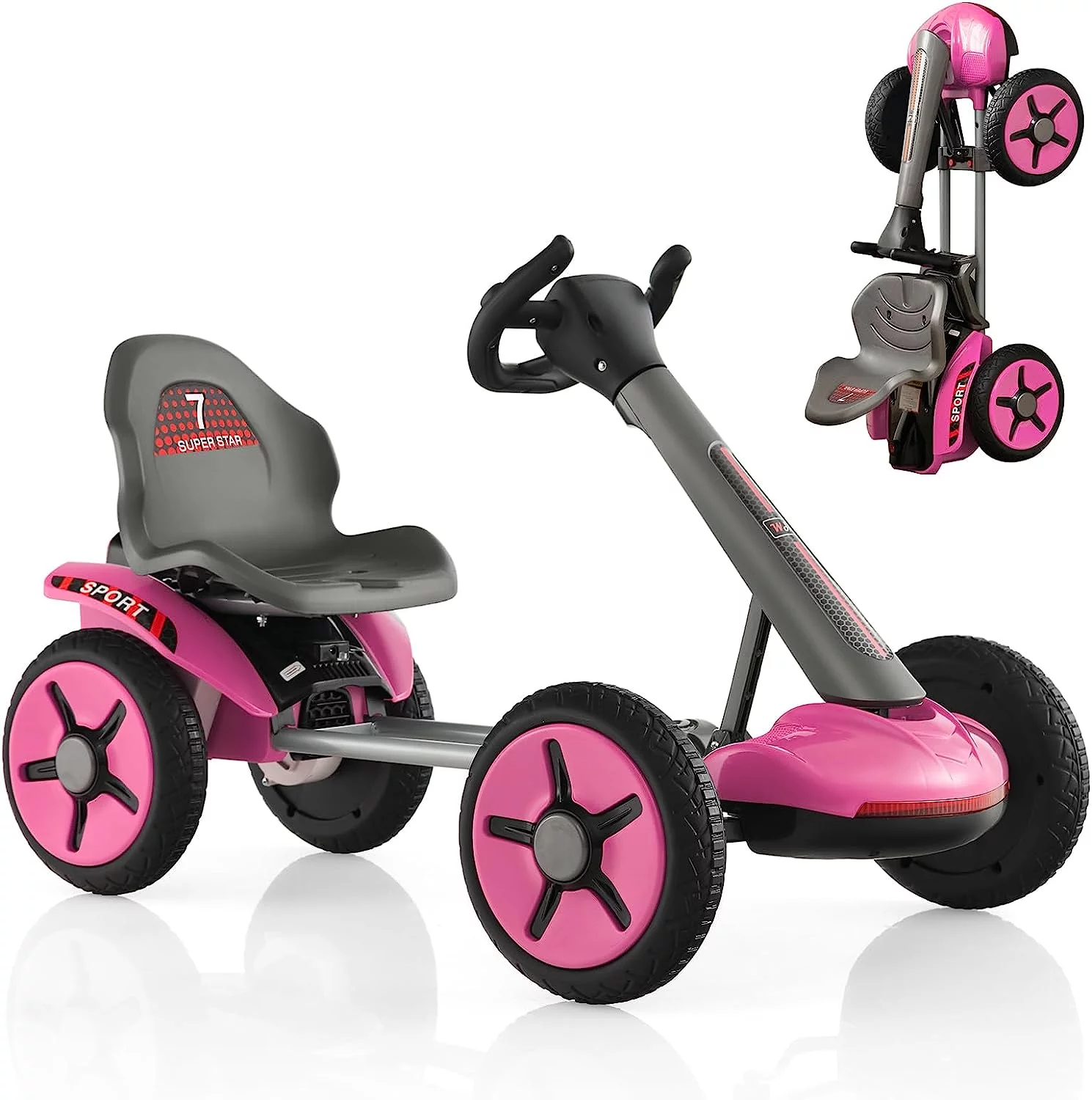 OLAKIDS Go Kart for Kids, 12V Battery Ride On Car with Adjustable Seat and Steering Wheel, Folding Wheel, Detachable Cup Holder, LED Light, Electric Go Cart for Ages 2-5 Years (Pink)