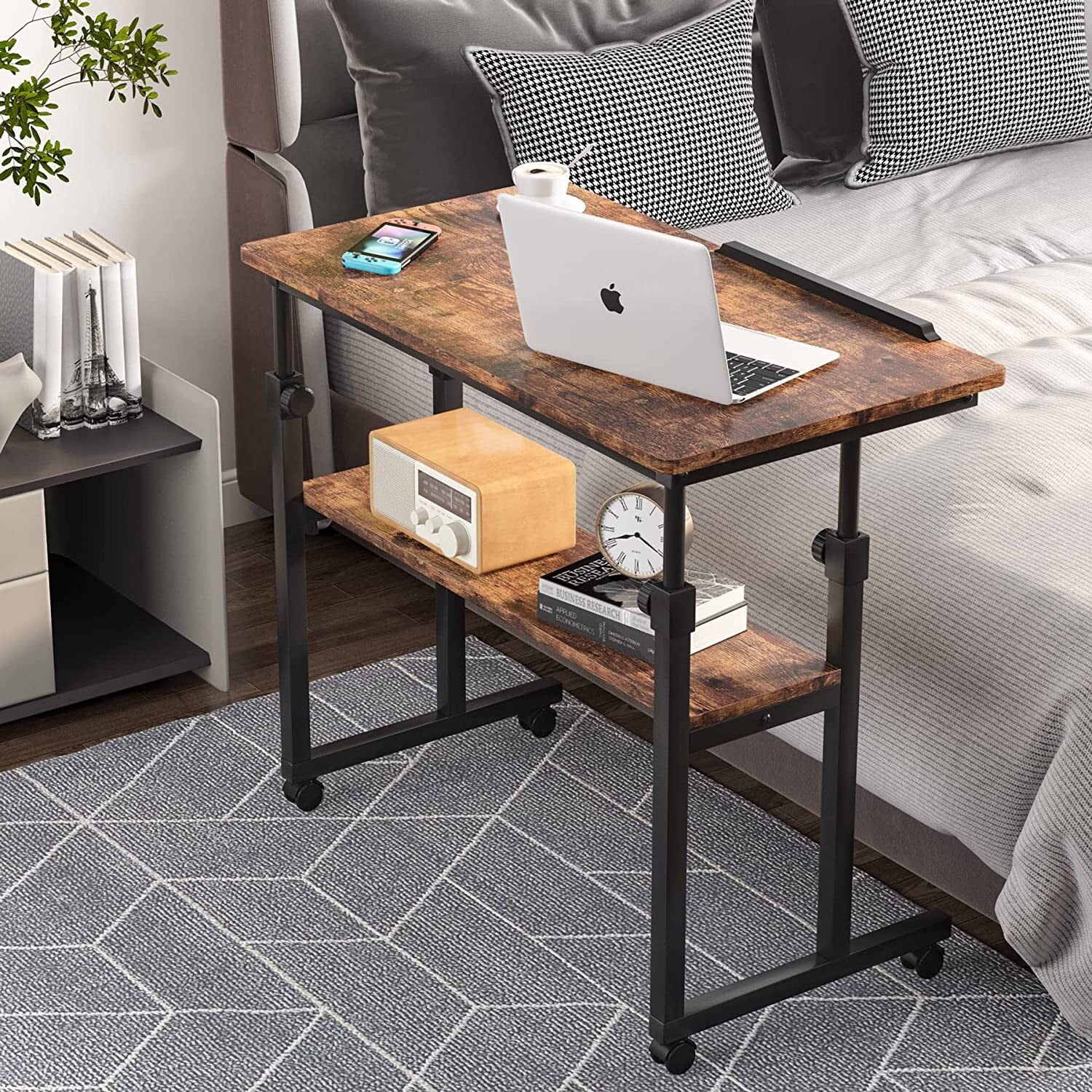 Height Adjustable Portable Desk for Sofa Bed, Standing Laptop Table with Wheels Brown