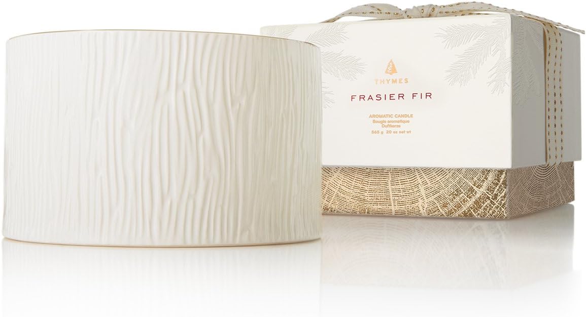 Thymes Frasier Fir Candle - Gilded Ceramic 3-Wick Jar Candle - Scented Candle with a Luxury Home Fragrance - Elegant Holiday Candle - Gilded White Candle with 24-Karate Gold Rim (20 oz)
