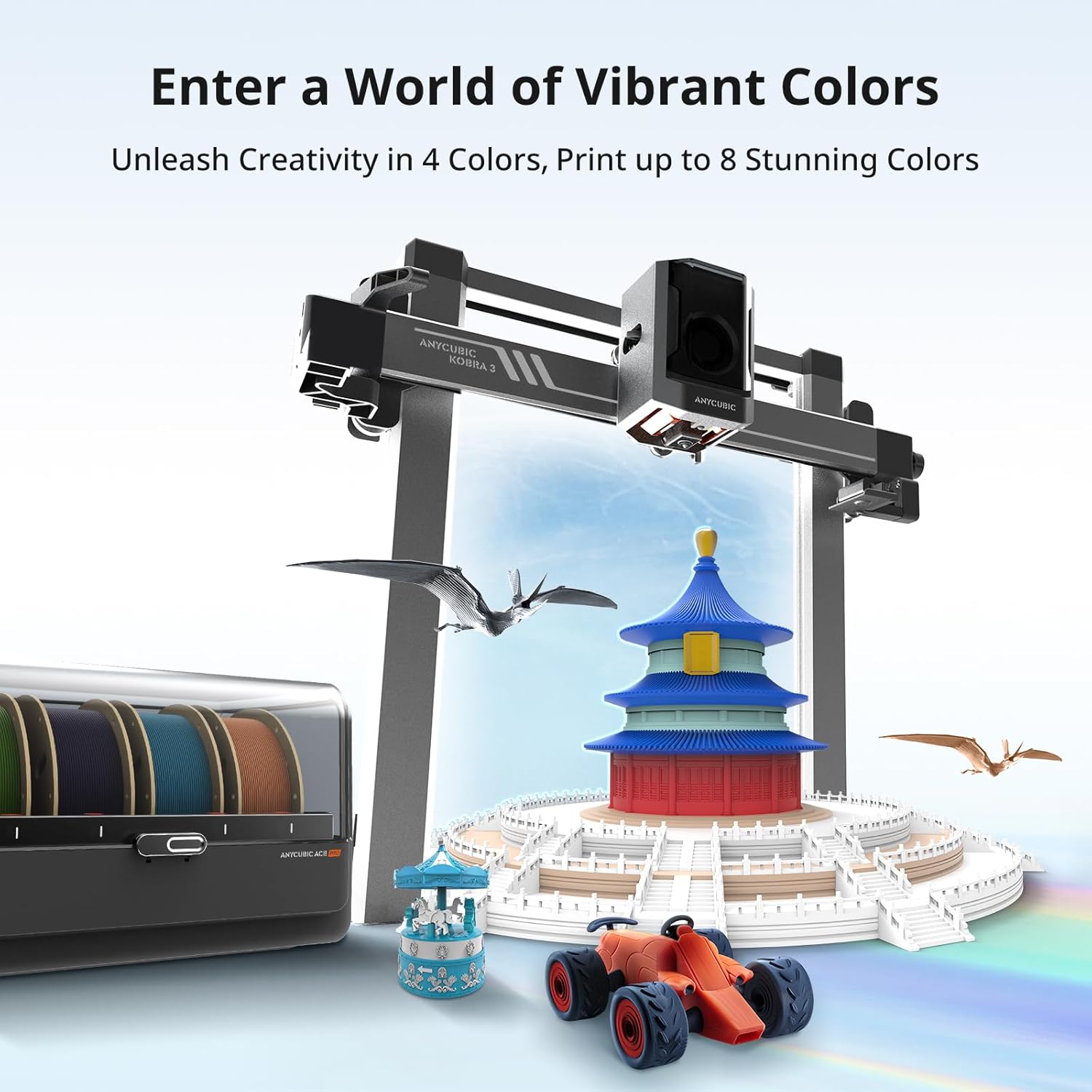 Anycubic Kobra 3 Combo Multi Color 3D Printer and ACE Pro, Smart Multicolor Printing Up to 4 Colors Max 600mm/s High Speed, Intelligent Filament Drying Nozzle Clog Detection, 250 * 250 * 260mm Size