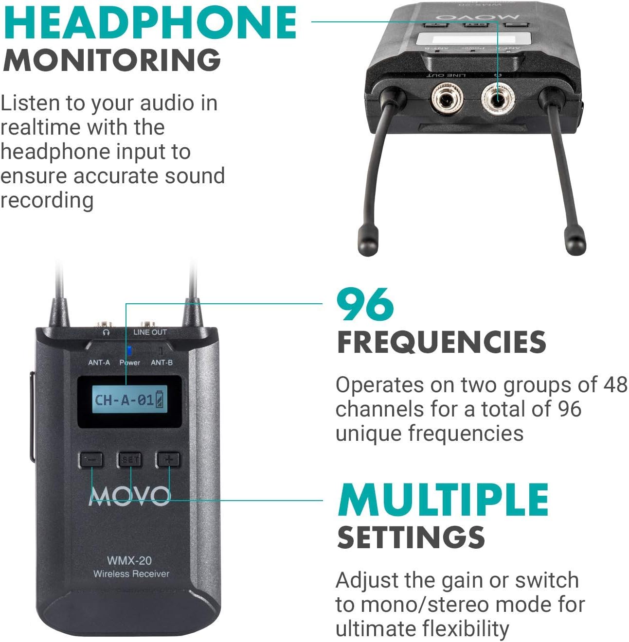 Movo WMX-20 48-Channel UHF Wireless Lavalier Microphone System with 1 Receiver, 1 Transmitter, and 1 Lapel Microphone Compatible with DSLR Cameras (330' ft Audio Range)