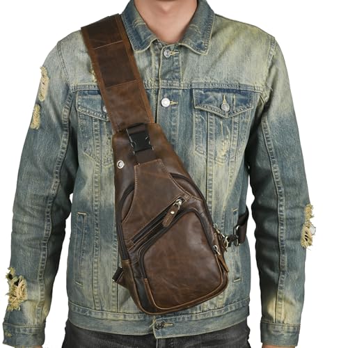 Le'aokuu Men Fashion Casual Tea Designer Travel Hiking Crossbody Chest Sling Bag Rig One Shoulder Strap Bag Men Leather 8015