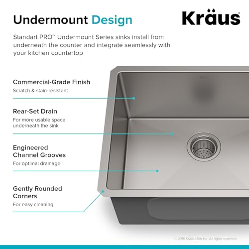 Kraus KHU101-24L Standart PRO 24-inch Undermount 16 Gauge Single Bowl Laundry and Utility Sink, 24 Inch, Tight Radius