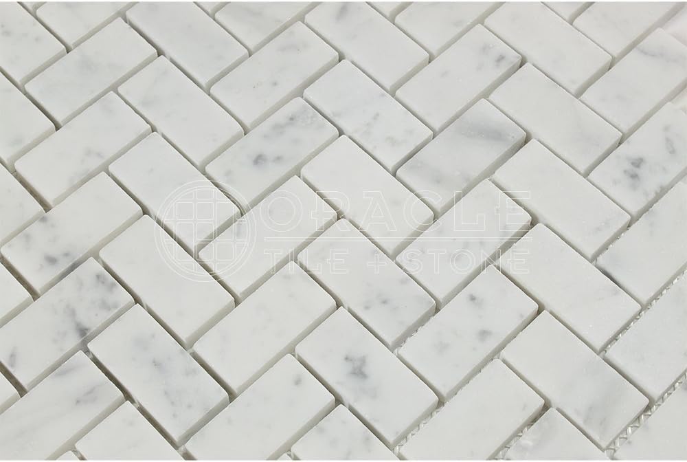 Carrara White Italian (Bianco Carrara) Marble 1 X 2 Herringbone Mosaic Tile, Honed