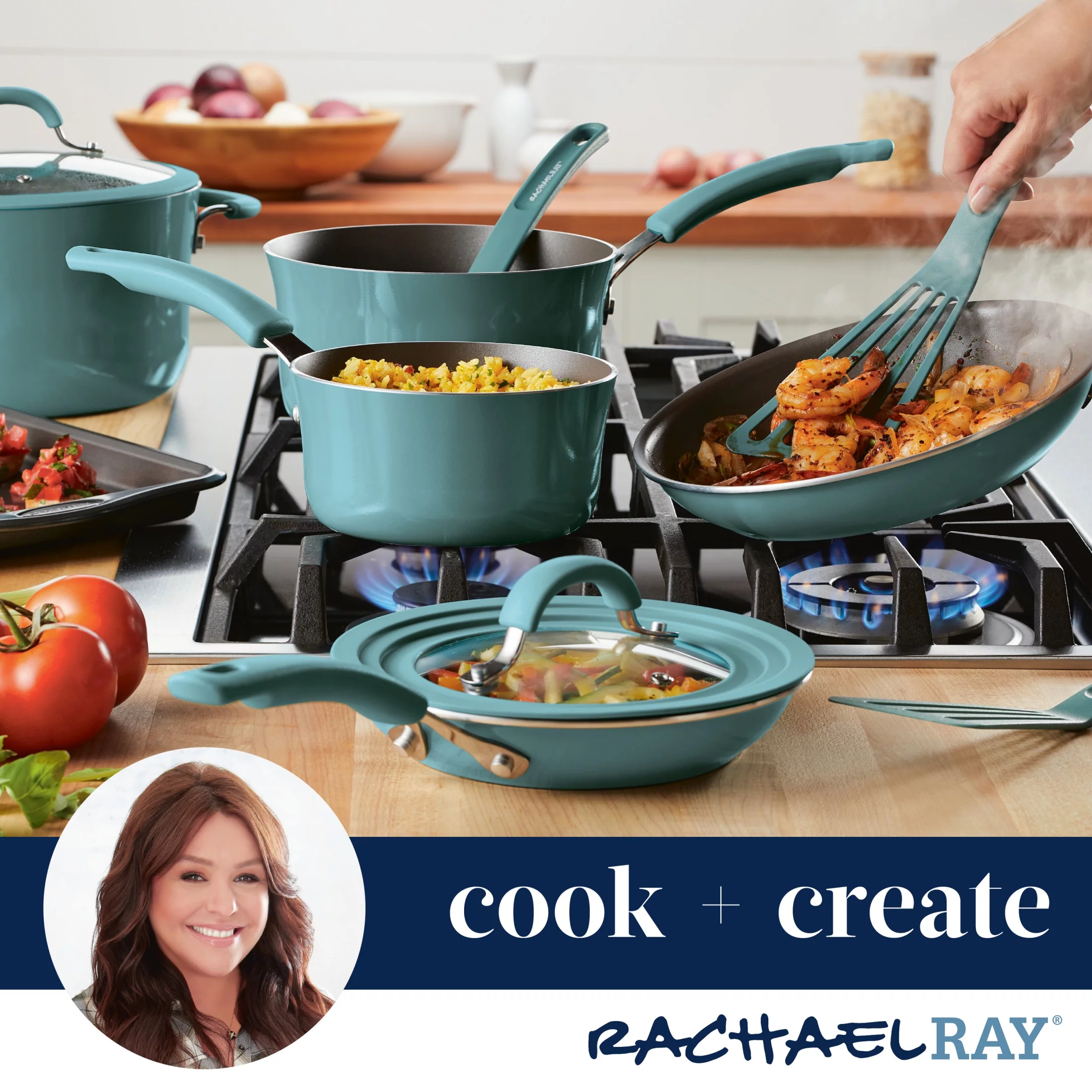 Rachael Ray Cook + Create Aluminum Nonstick Saute Pan with Lid, 3 Quart, Agave Blue
