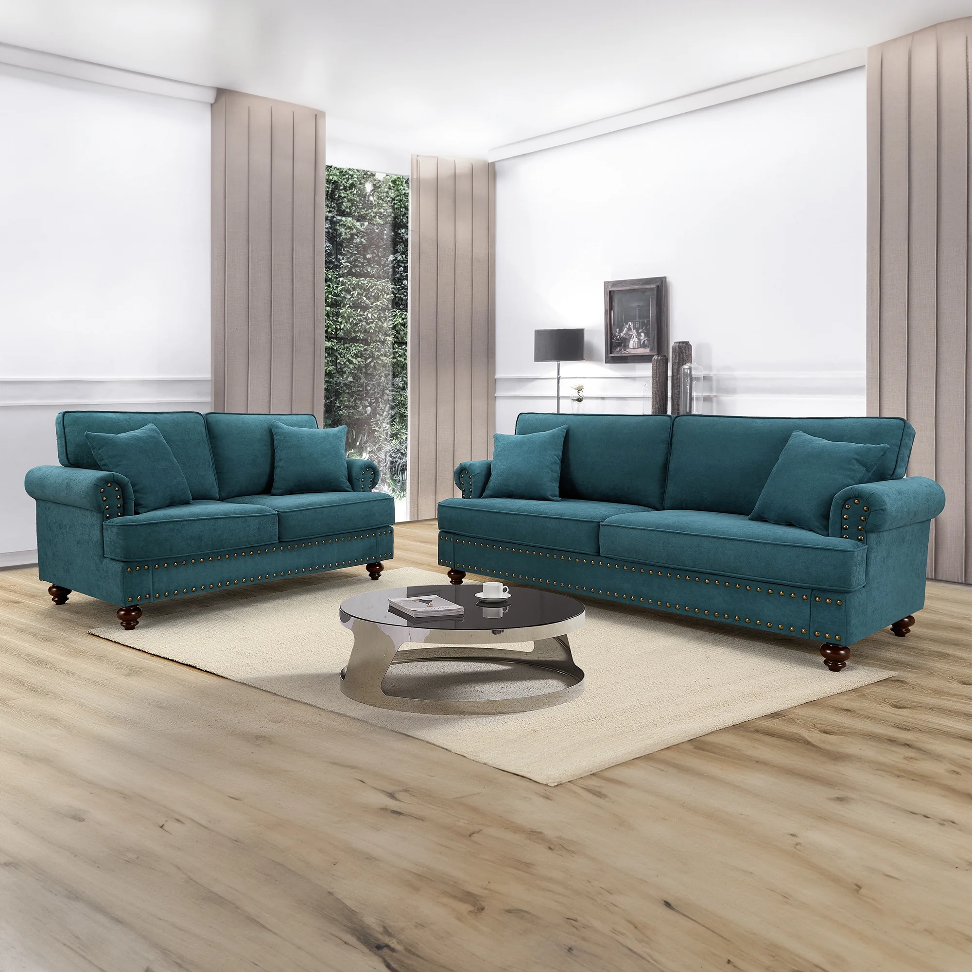 Muumblus 2 Pieces Chenille Living Room Sets with Nailhead, 2 Seater Loveseat Sofa and 3 Seater Sofa Couch, Lake Green