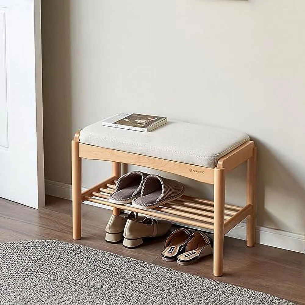KHBIULIFE Wood Shoe Bench 2-Tier  Bench with Cushion Padded Seat Entryway Bench with Shoe   Small Bench for Entryway Living Room
