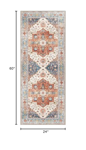 2X5 Area Rugs Machine Washable Runner Rugs for Living Room, Vintage Boho Rugs for Bedroom Dining Room, Non Slip Indoor Soft Distressed Lightweight Thin Low Pile Carpet, Blue Beige Orange