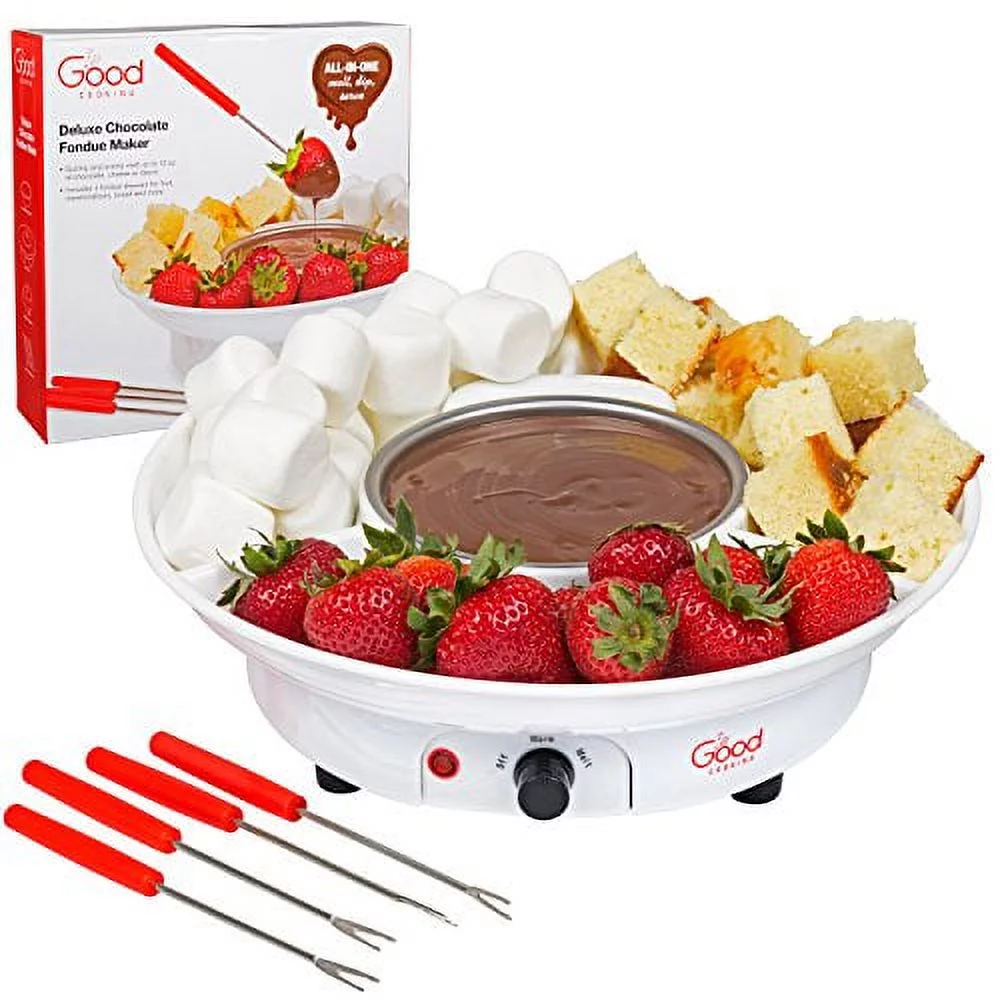 Deluxe Electric Fondue Maker Set w 4 Forks & Removable Serving Tray -Features Melting & Warming Setting -Perfect for Dipping Snacks in Chocolate, Caramel, Cheese, sauces