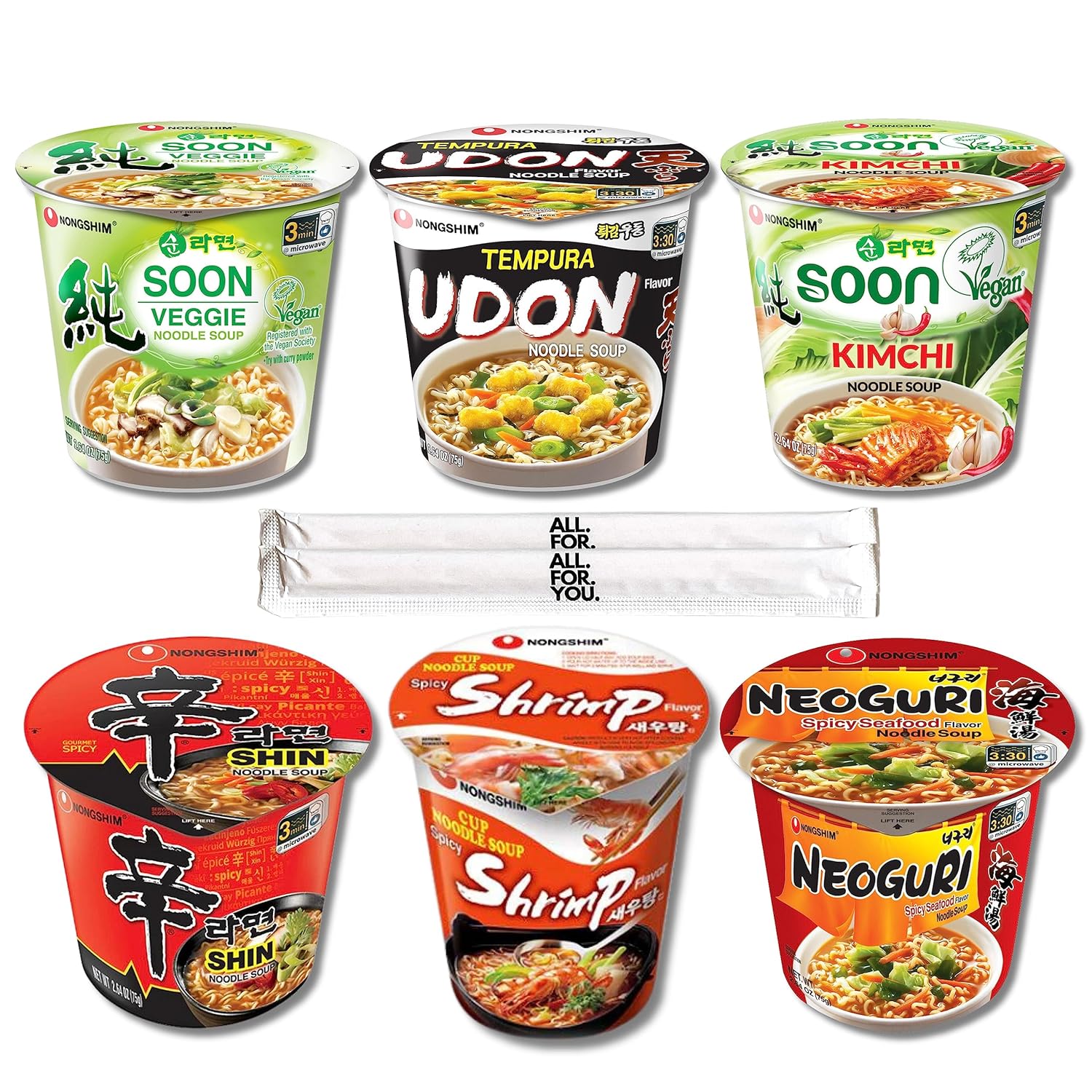 Ramen Noodles Nongshim 6 Flavor Variety Cup Noodle Combo - Shin, Udon, Soon, Soon Kimchi, Neoguri, Shrimp - Total 6 pack (75g cup ea) - Spicy Ramen Noodles Soup Asian Korean Food Nongshim Cup Noodle