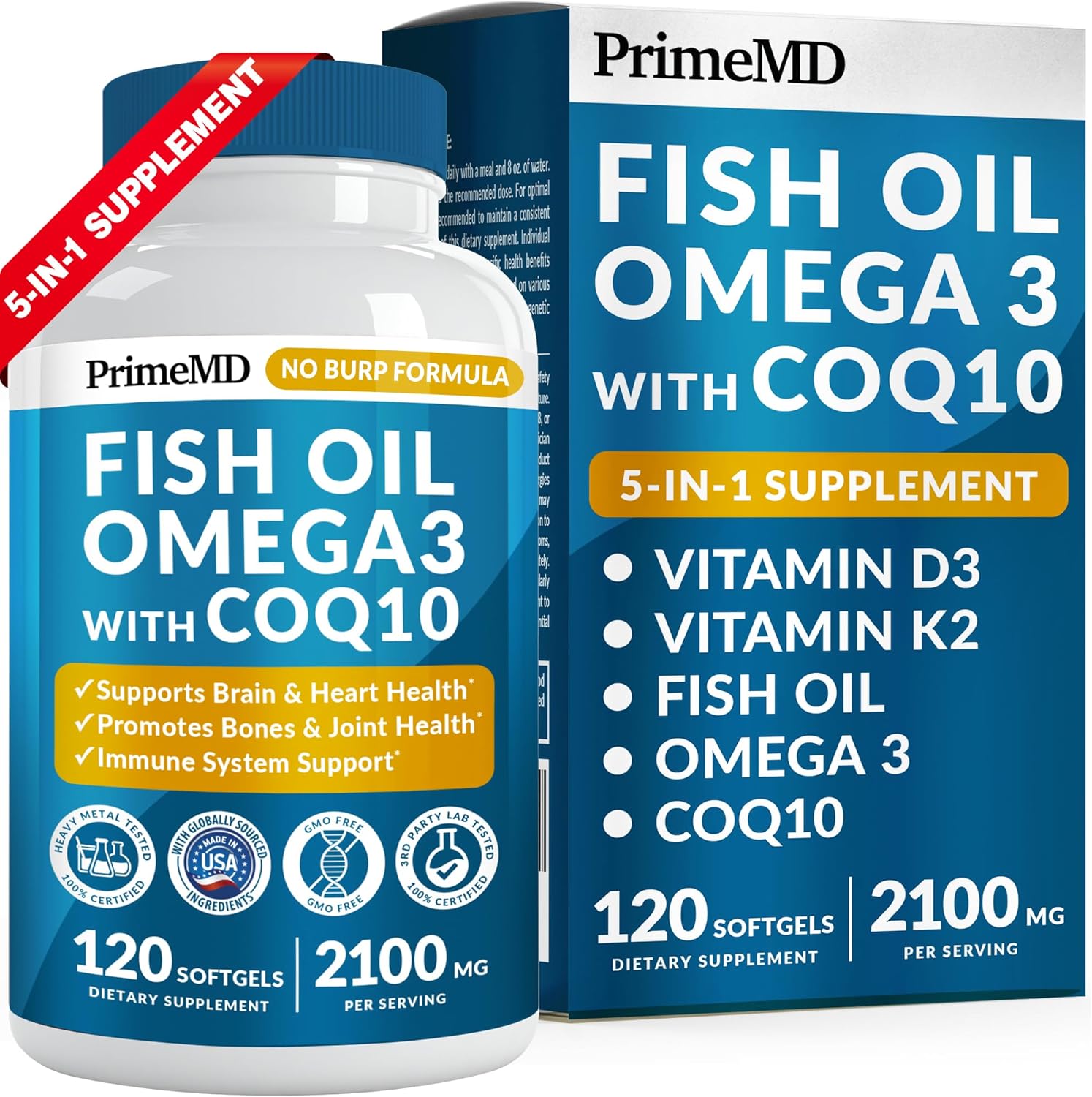 5-in-1 Fish Oil Omega 3 Supplements with Vitamins D3 & K2 and CoQ10 - DHA EPA Omega 3 Fish Oil Supplements - Lemon Flavored Omega 3 Fatty Acid Supplements with 2100mg Per Serving (120ct)