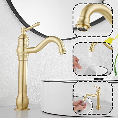 GGStudy 360° Swivel Antique Brass Bathroom Vessel Sink Faucet Single Handle One Hole Matching with Pop Up Drain