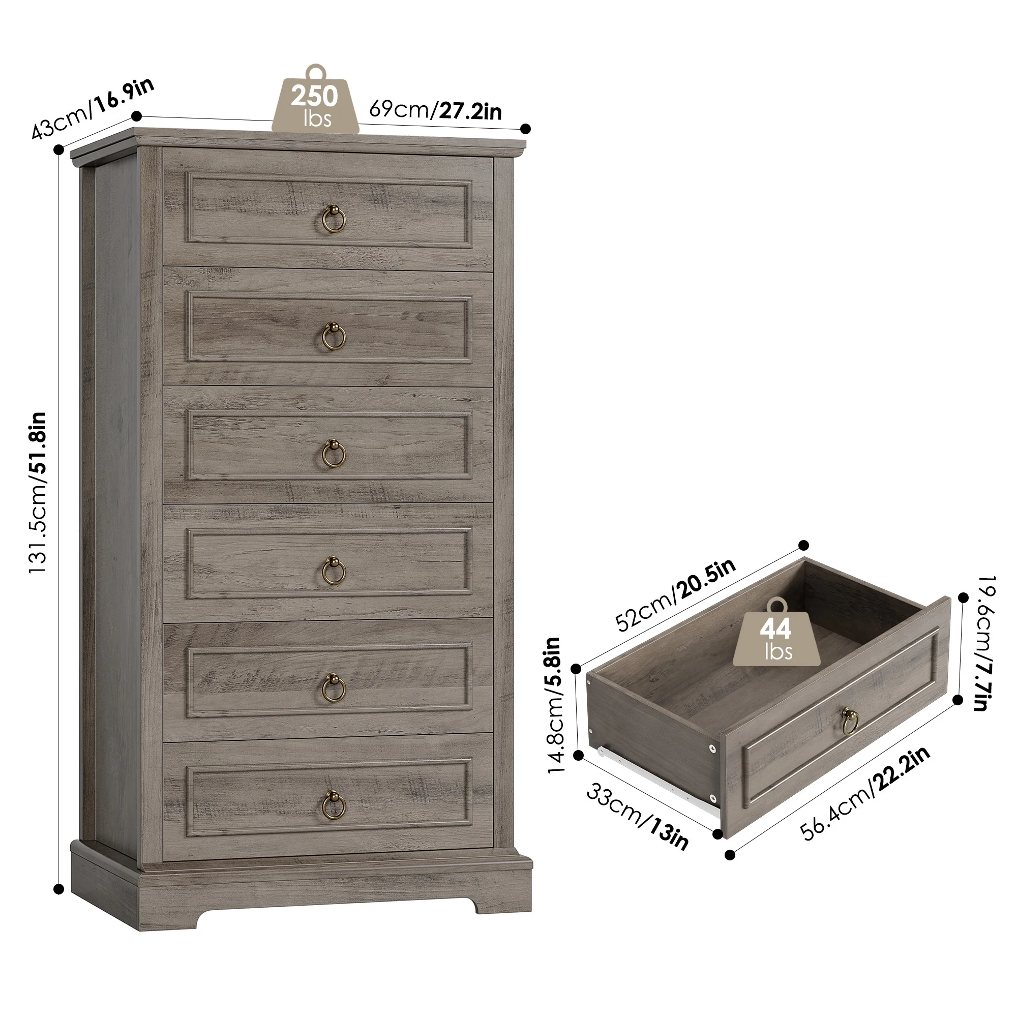 Homfa 6 Drawer Tall Dresser, 52