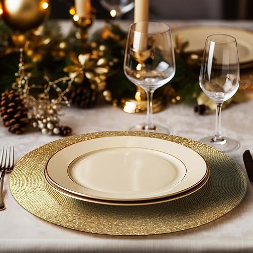 COTTON CRAFT Glitz Handmade Beaded Charger Placemats - Set of 4 - Halloween Harvest Autumn Fall Holiday Christmas Xmas Dining Celebration Festive Party Table Décor - 13.5 inch Round - Champagne