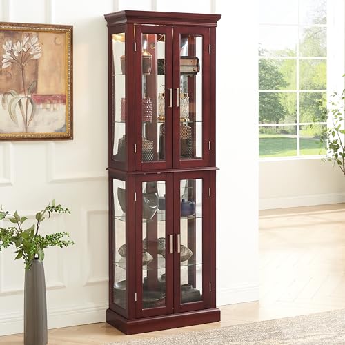Lighted Display Cabinet,Glass Curio Display Cabinet with Adjustable Shelves & Mirrored Back,Storage Cabinet Wood Frame Collectibles Toy Display for Living Room, Kitchen, Pantry light bulb not included