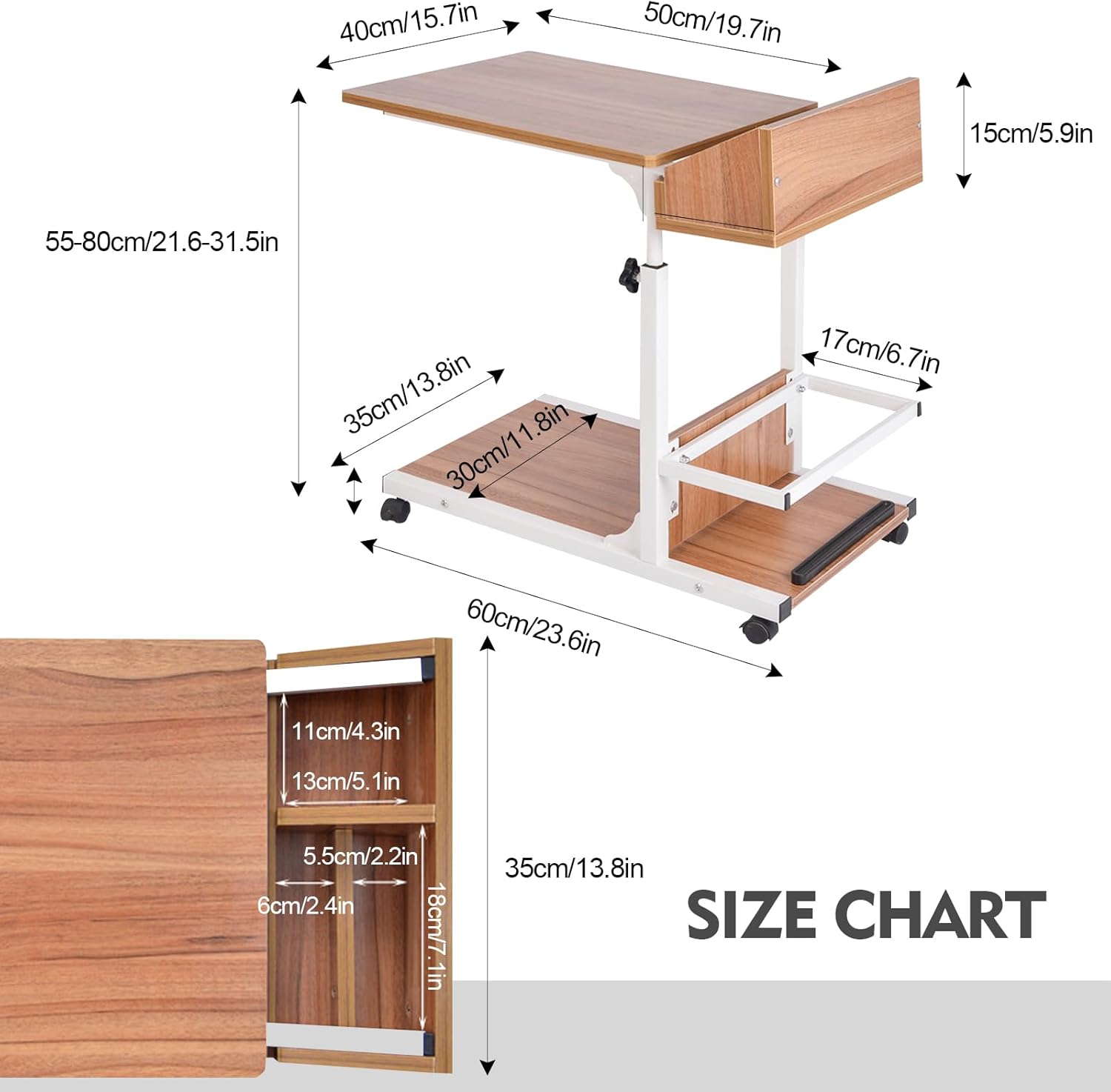 Over Bed Table with Drawer Adjustable Height and Wheels Extra Storage Space, Rounded Corners, Perfect for Bedridden, Elderly, or Hospital Use