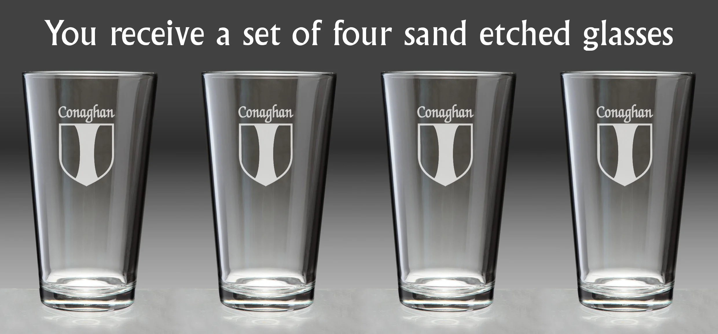 Conaghan Irish Coat of Arms Pint Glasses - Set of 4 (Sand Etched)
