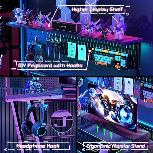 Armocity Gaming Computer Desk with Shelves and Outlets, Gaming Desk with Hutch and LED Lights, Reversible PC Gaming Desks with Pegboard, Carbon Fiber Black 47''
