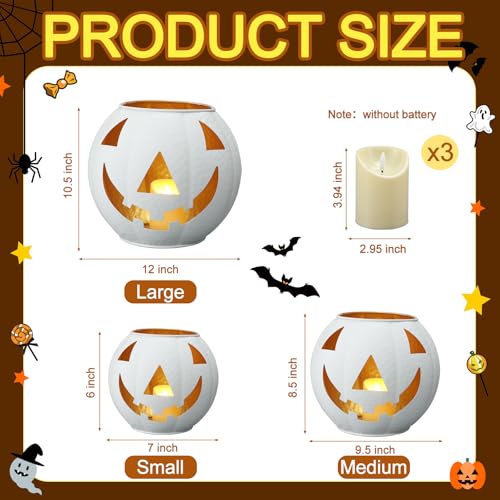 Nuogo 3 Pcs Halloween Metal Jack O Lanterns Pumpkin Set with LED Candles - Pumpkin Lanterns in White Color Creepy Cloth Decoration Bundle for Halloween Fall Rustic Indoor & Outdoor Decor