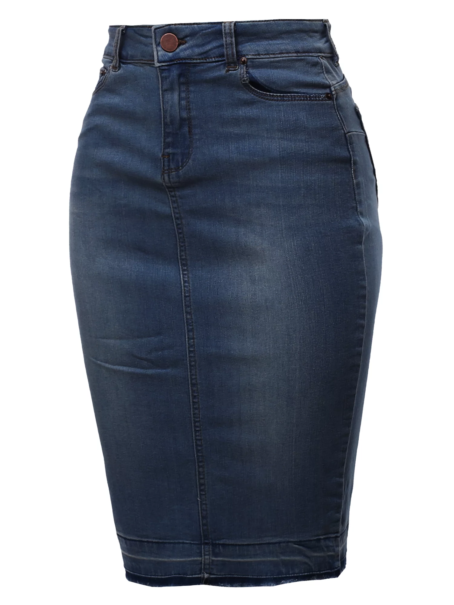 A2Y Women's Slim Fit Rayon Knee Length Back Slit Denim Jean Pencil Skirt Dark Navy L