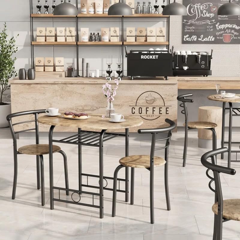 Shahoo 3-Piece Wooden Dining Table Set, Kitchen Breakfast Nook Sets with 2 Chairs & Round Tabletop, Space Saving Furniture Metal Frame and Built-in Wine Rack, Walnut