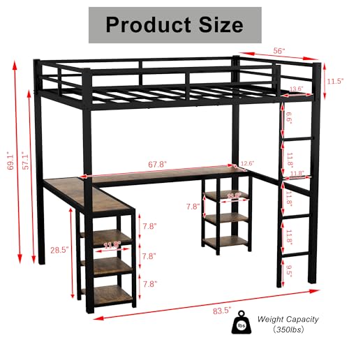 Admmixoo Full Size Loft Bed with L-Shaped Desk and USB, Sturdy Metal Loft Bed with Wardrobe and Adjustable Shelf with LED for Kids, Teens, Adults (Black-A, Full)