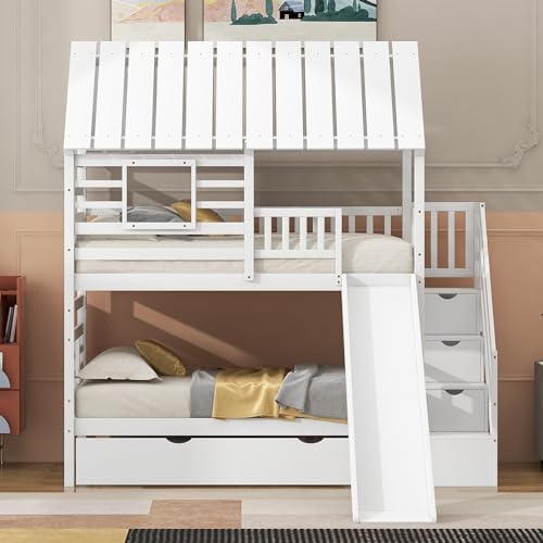 Kids Twin Over Twin Bunk Beds with Slide and Trundle, Solid Wood Bunk Bed Frame with Stairs and Storage, Playhouse Bunk Bed with Roof and Window for Kids, Teens, Girls & Boys (White)