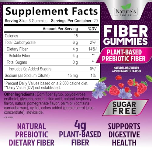 Sugar Free Fiber Gummies for Adults, Daily Prebiotic Fiber Supplement & Digestive Health Support - Supports Regularity & Digestive Health, Nature's Plant Based, Non-GMO, Berry Flavor - 120 Gummies