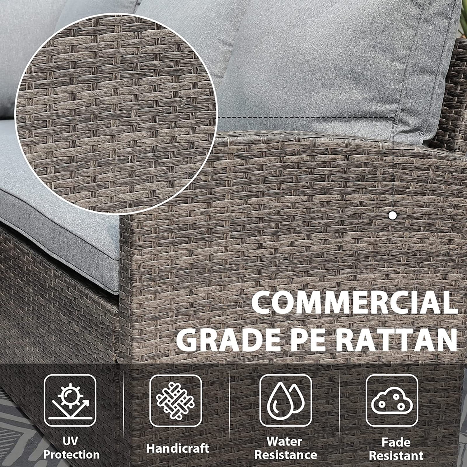 Patio Furniture Set, Outdoor 8 Pieces Dining Sectional Sofa Set with Storage Box, All Weather Wicker Conversation Couch Set with Aluminum Top Dining Table, Ottomans and Gray Cushions