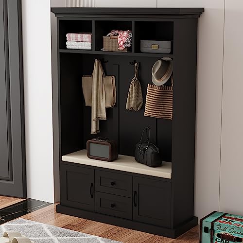 70.9 Inch Black Hall Tree, 3 in 1 Farmhouse Mudroom Bench with Storage and 4 Hooks, Wood Entryway Coat Rack Shoe Bench, Soft Cushion and Storage Drawers for Living Room, Bedroom, Hallway