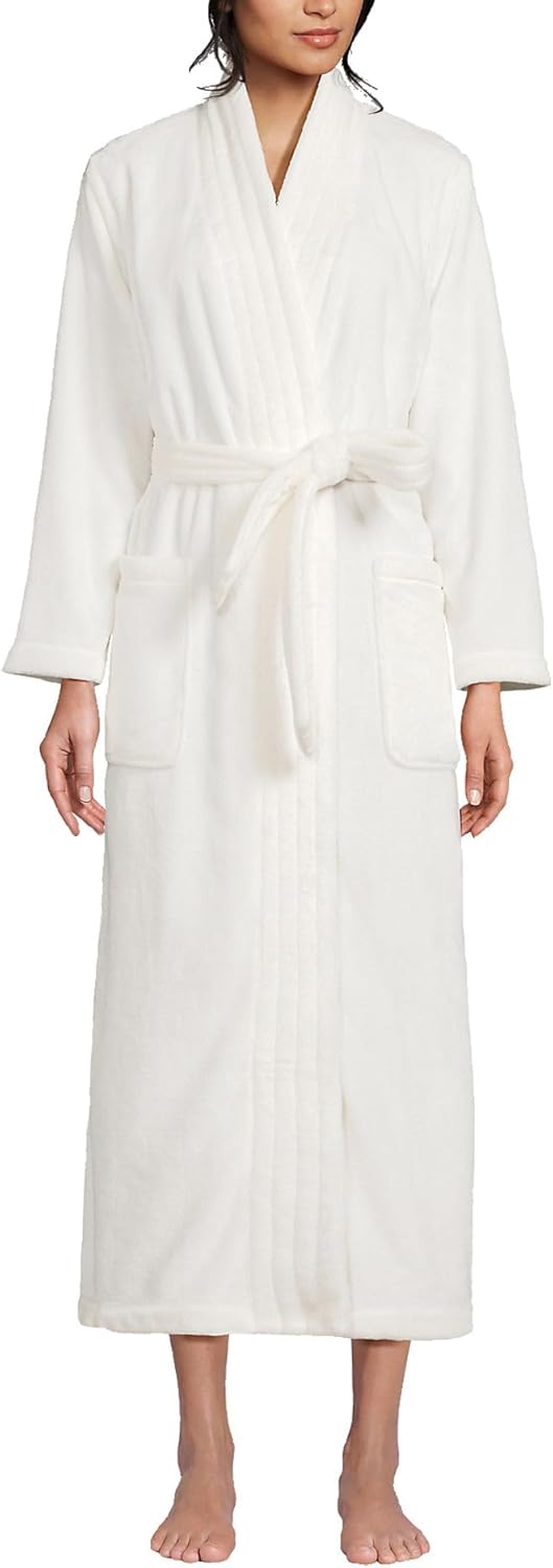 Lands' End Womens Cozy Plush Long Wrap Robe Ivory Petite Medium