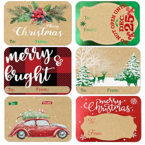 80-Count Foil Christmas Tag Stickers, 8 Jumbo Designs - Xmas to from Christmas Name Tags Write On Labels - Holiday Present Gift Labels